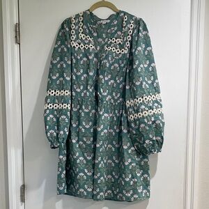 Mud Pie Floral Patterned Dress in Green and Pink with Embroidered Detailing